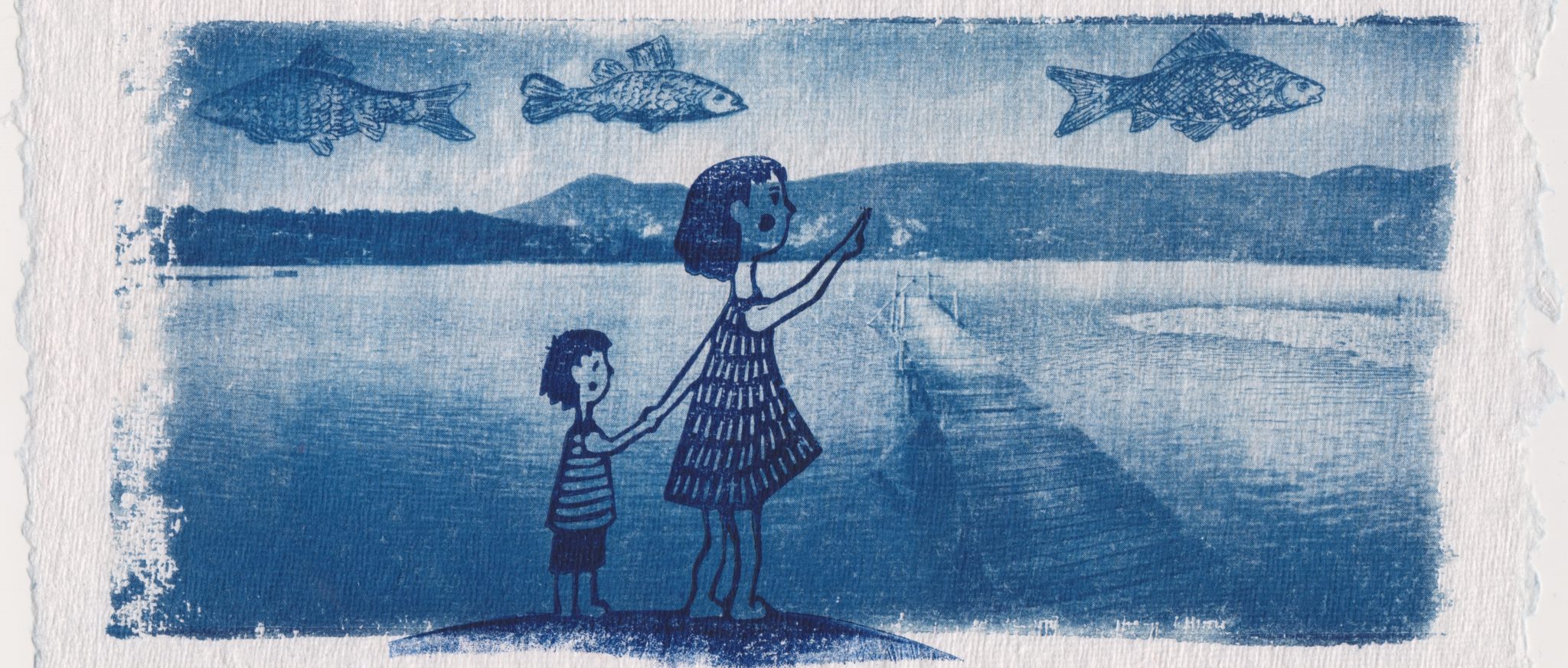 Lacd’Aiguebelette LinoLino | Linogravure et créations à partir d'impressions artisanales | Chambéry, France | Impression originale illustration cyanotype lac aiguebelette chapelle Vaugelas
