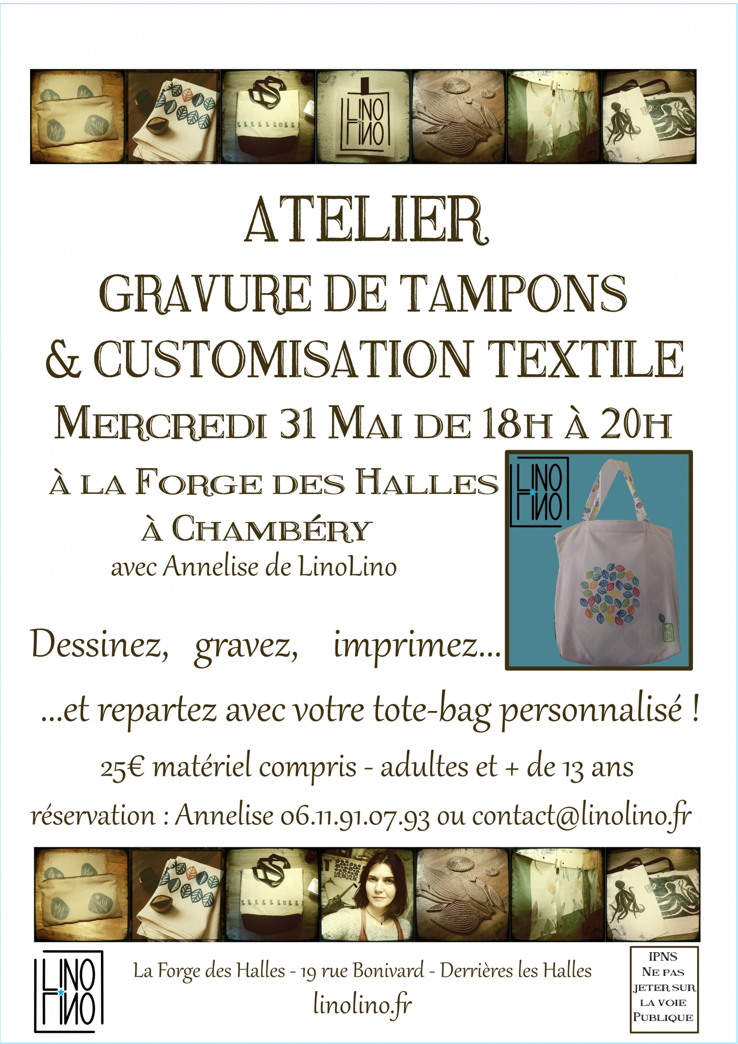 LinoLino, linogravure et créations à partir d'impressions artisanales - Exemple de tote bag personnalisé à faire lors de l'atelier à la Forge des Halles